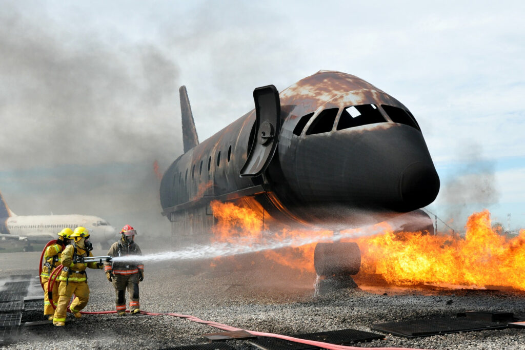 Fire fighers putting out fire on plane
